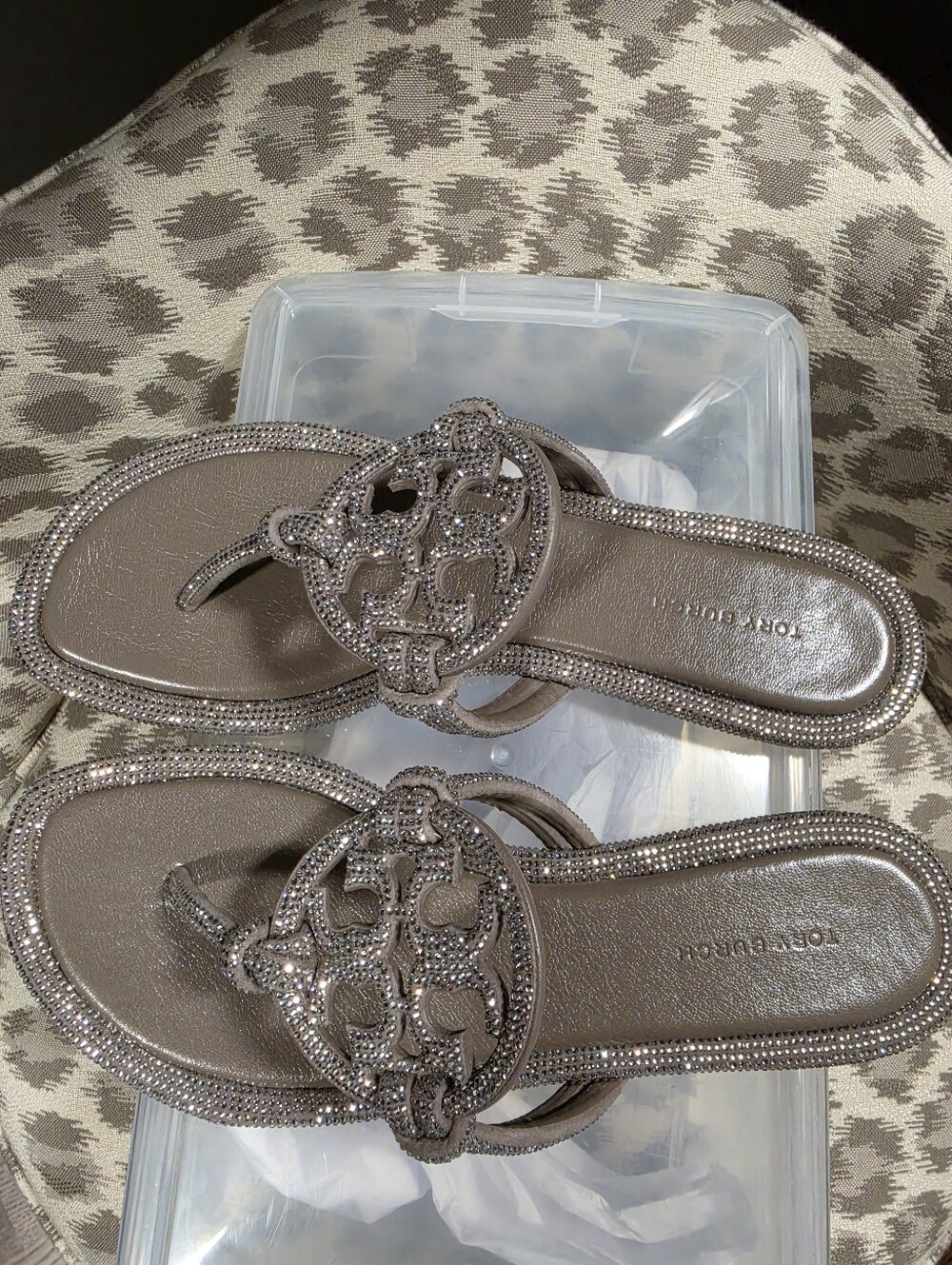 Tory Burch Metallic Taupe/Silver Crystal Logo Thong Sandals